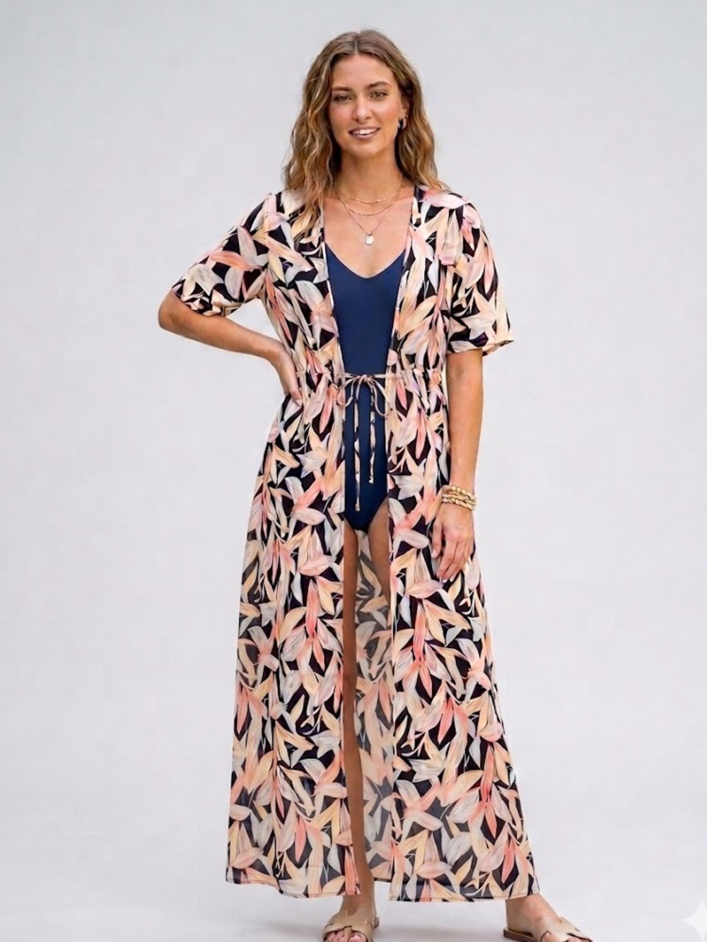 Cozy Co Cozy Casual Navy Floral Maxi Duster Kimono Swimsuit Cover Up Medium NWT